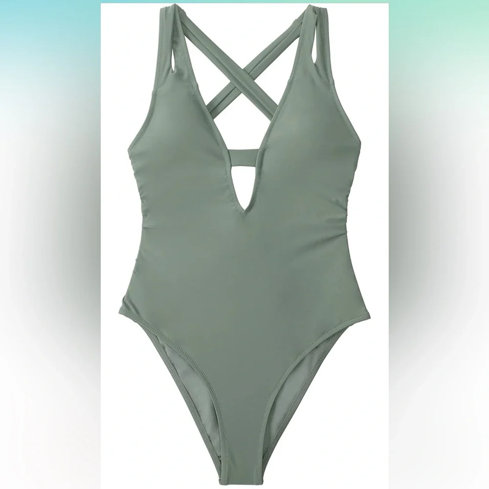 CUPSHE Women One Piece Swimsuit Deep V Neck Strappy Swimwear Bathing suit‎ small